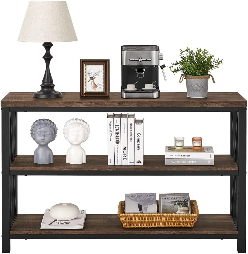 47 Inch Rustic Industrial Sofa Table With 3 Tier Shelves