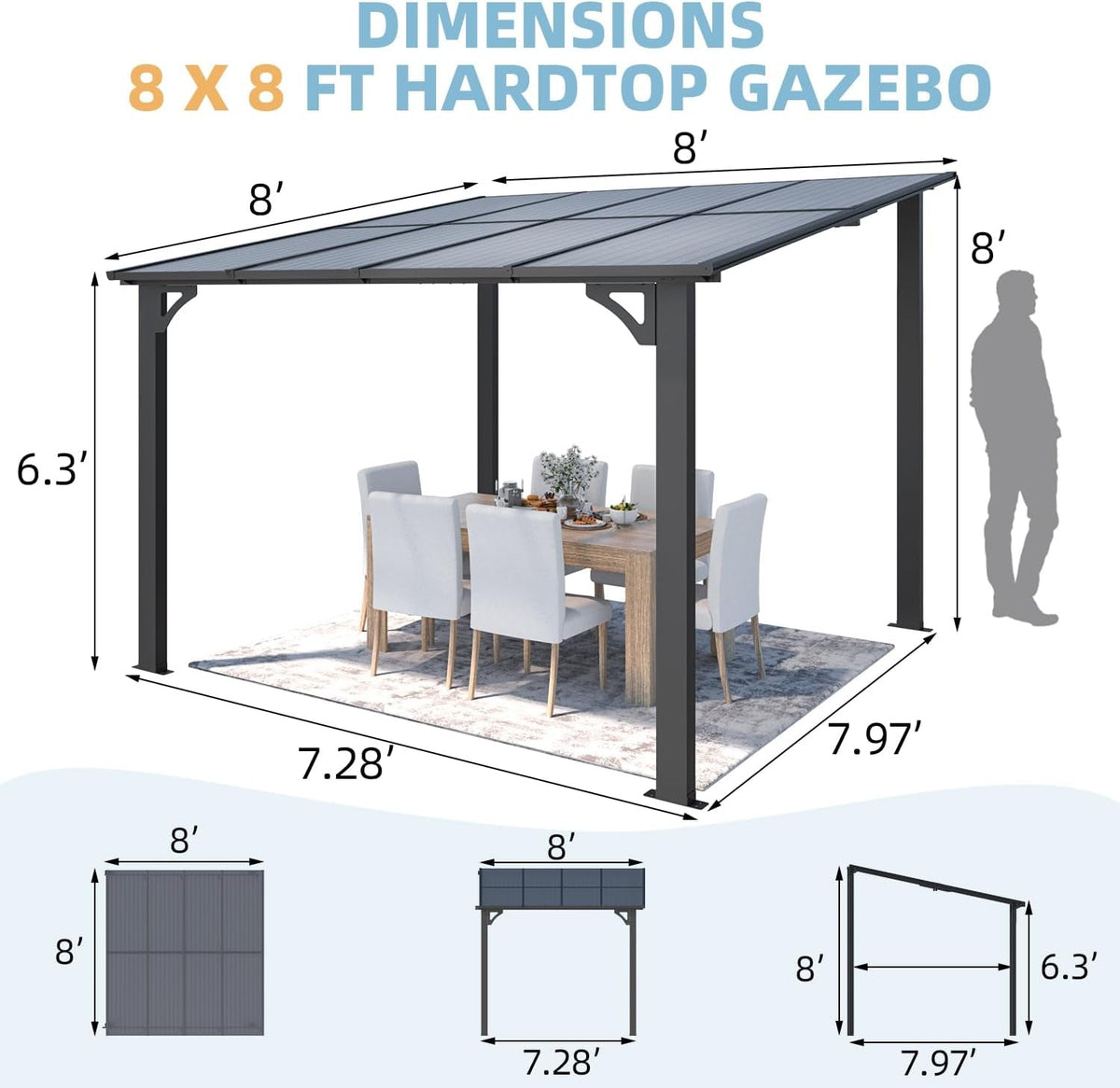 8x8 Waterproof Wall Mounted Lean To Gazebo for Patio