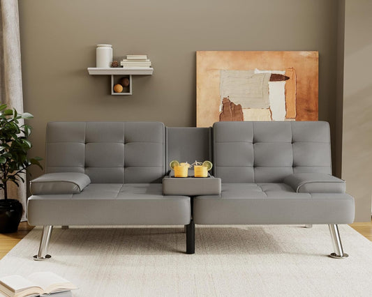 Grey Futon Sofa Bed With Adjustable Back And Cup Holders