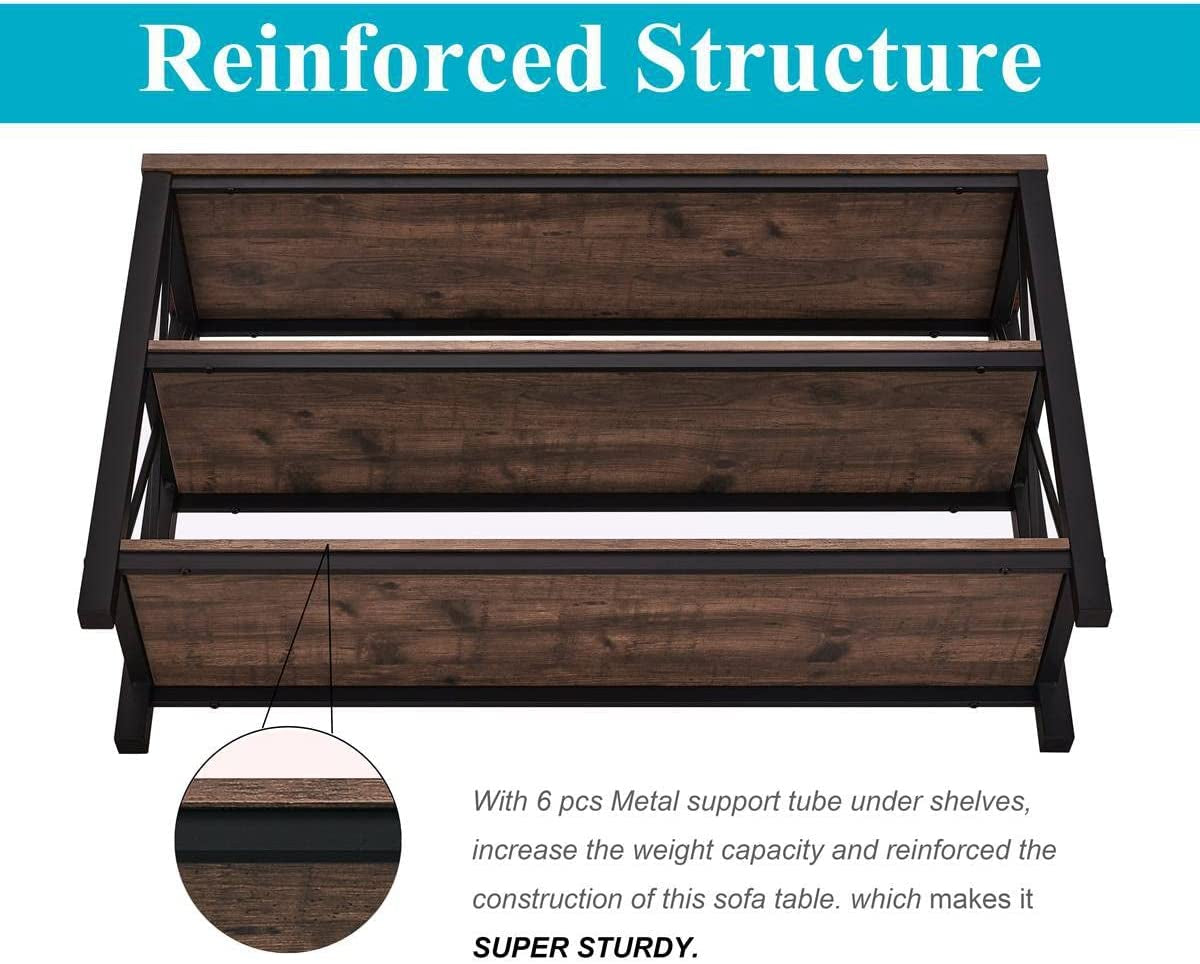 47 Inch Rustic Industrial Sofa Table With 3 Tier Shelves
