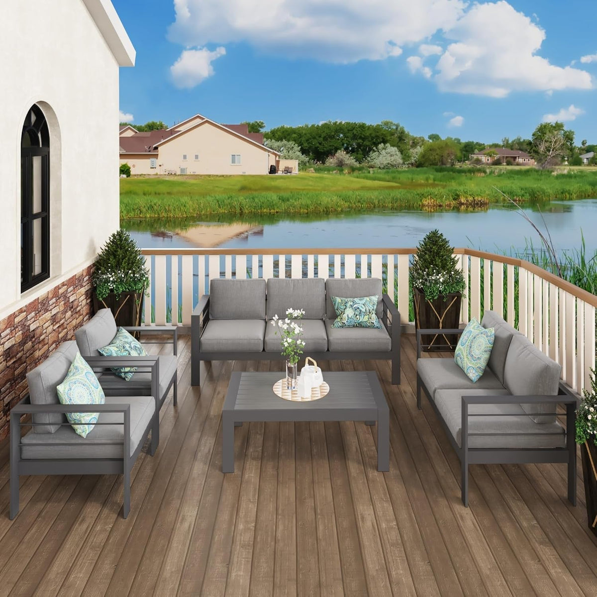 Aluminum Patio Furniture Set Seven Seat Outdoor Conversation Grey