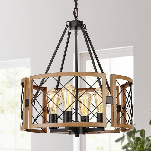 19 Inch Farmhouse Chandelier 4 Light Pendant Black Oak