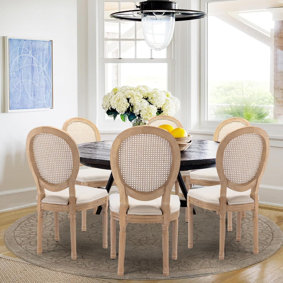 Oval Back Rattan Upholstered Dining Chairs Set Of 6 Beige With Wood