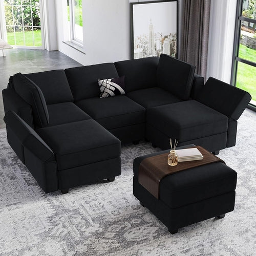 Modular Velvet Sectional Sofa With Chaise and Storage