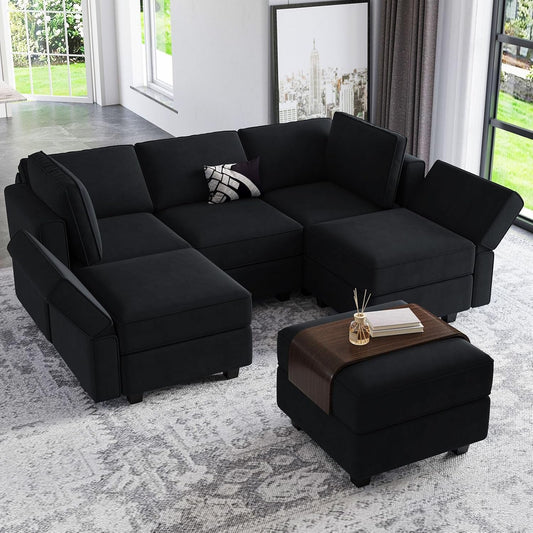 Modular Velvet Sectional Sofa With Chaise and Storage