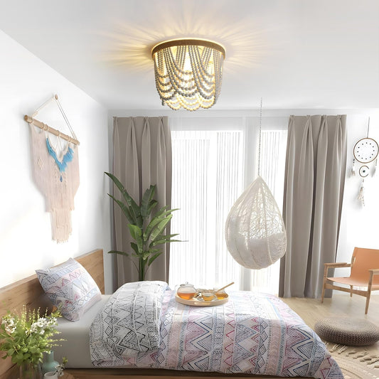 Three Light White Wood Bead Bohemian Chandelier Handmade