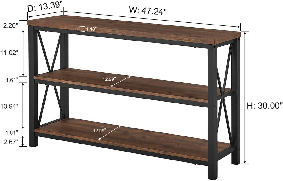 47 Inch Rustic Industrial Sofa Table With 3 Tier Shelves
