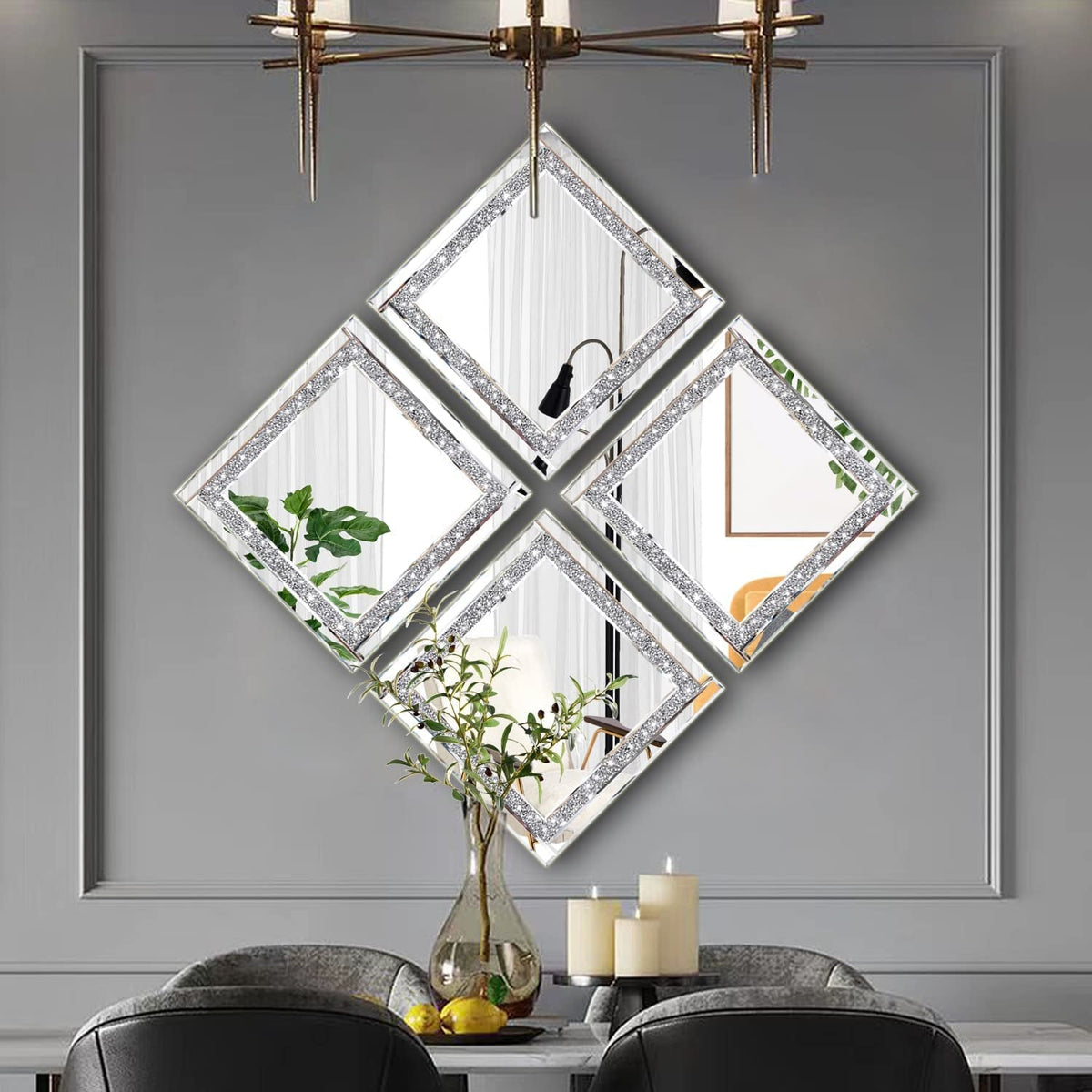 Crystal Crush Diamond Silver Mirror Set 12x12 Inch 2 Pieces