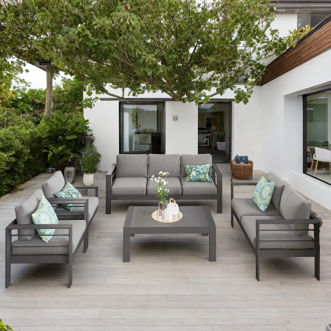 Aluminum Patio Furniture Set Seven Seat Outdoor Conversation Grey