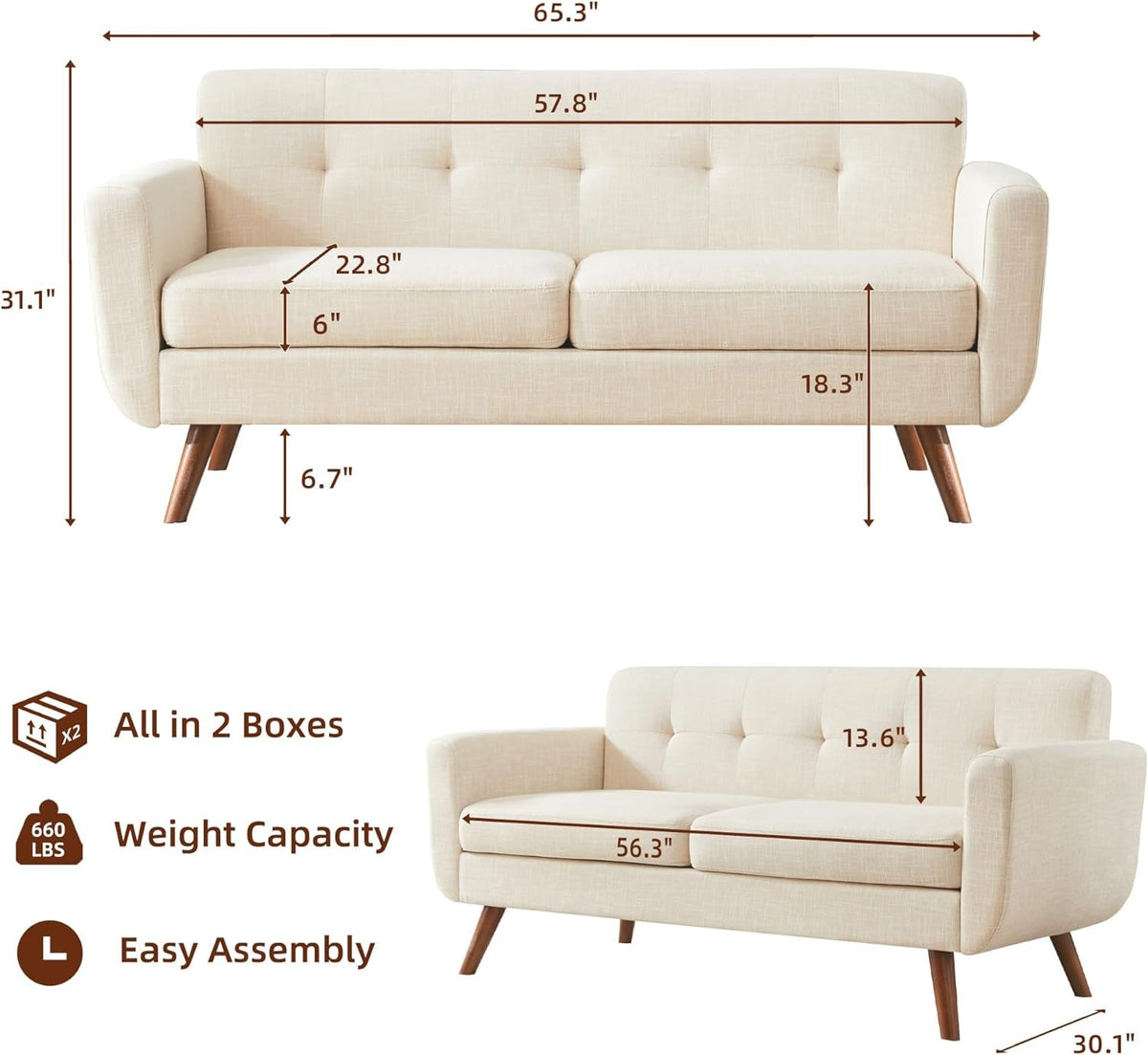 Modern Compact Beige Loveseat For Small Living Rooms