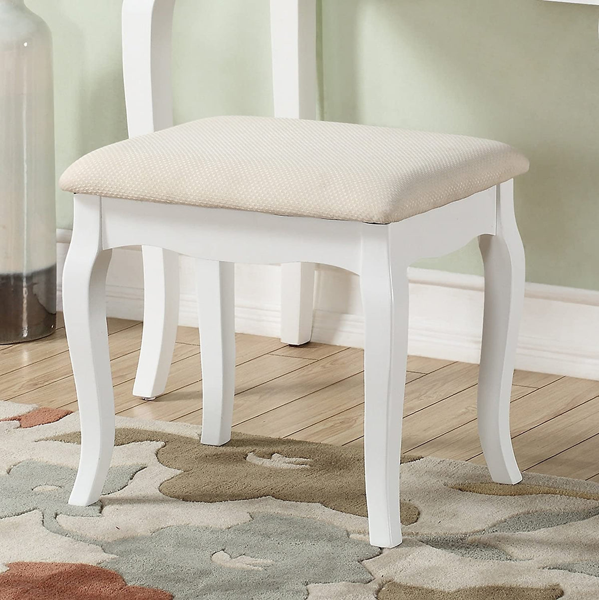 Ashley Wood Vanity Table And Stool Set With Beige Upholstery And Five