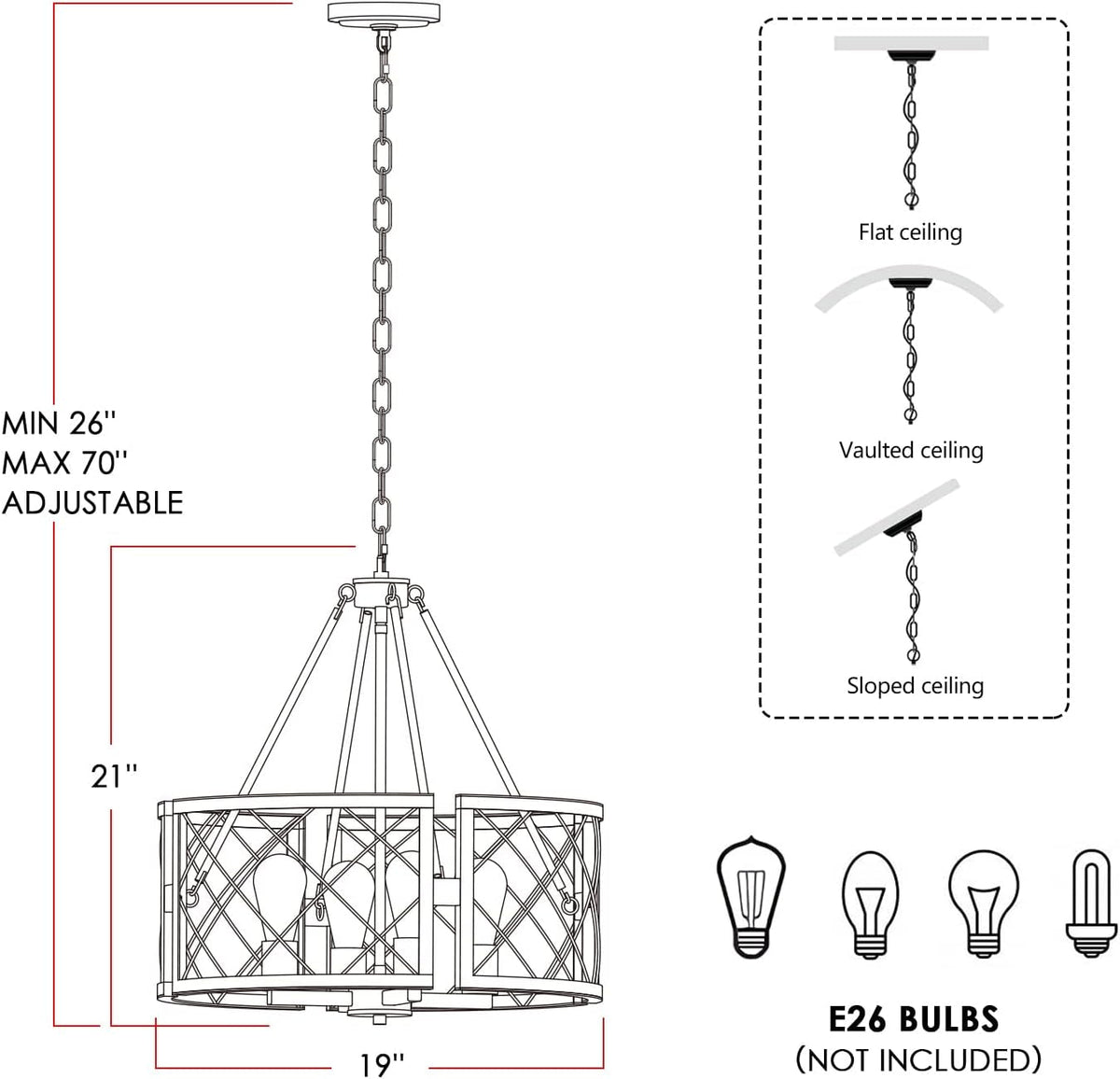 19 Inch Farmhouse Chandelier 4 Light Pendant Black Oak