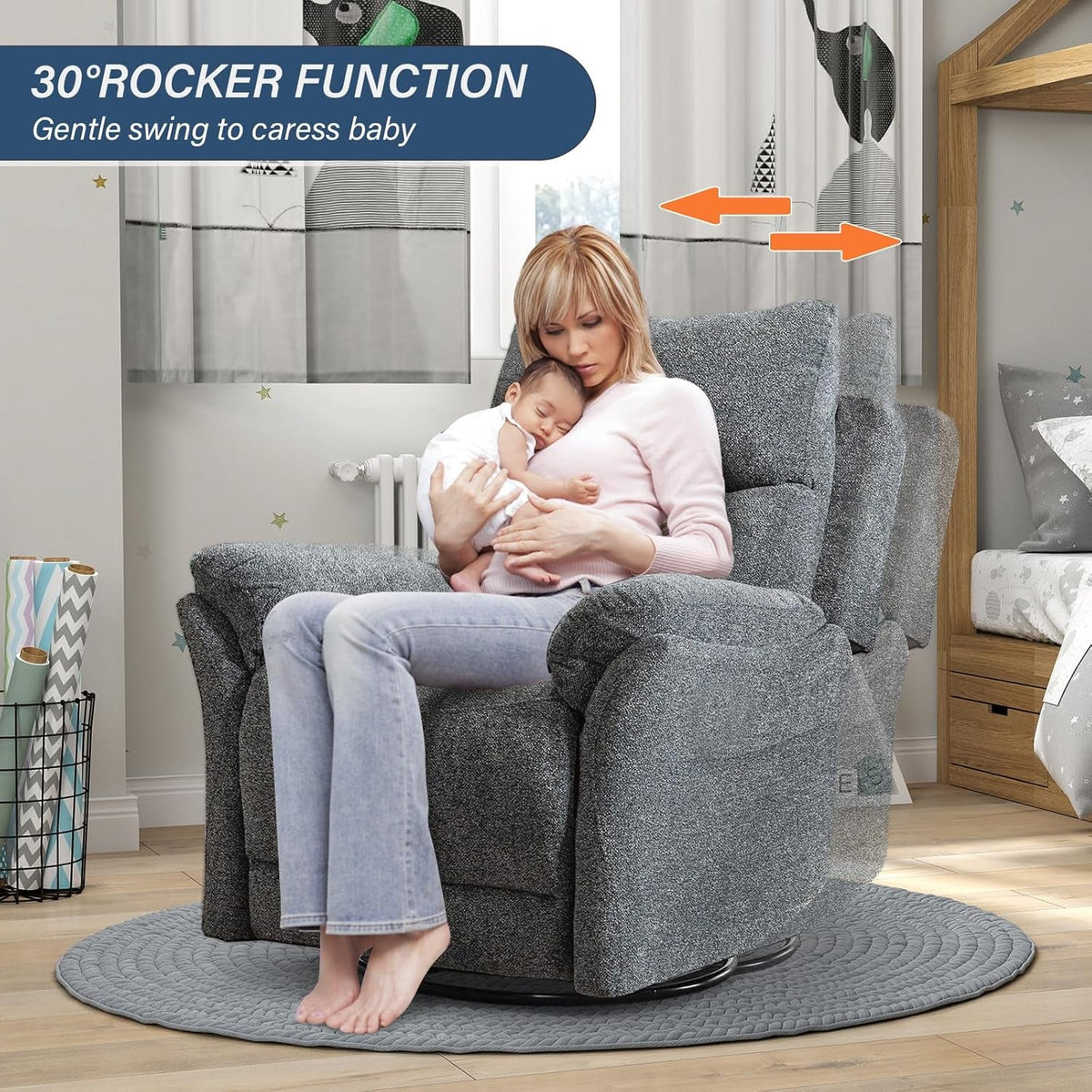 Swivel Rocker Recliner Chair Gray Fabric For Small Spaces