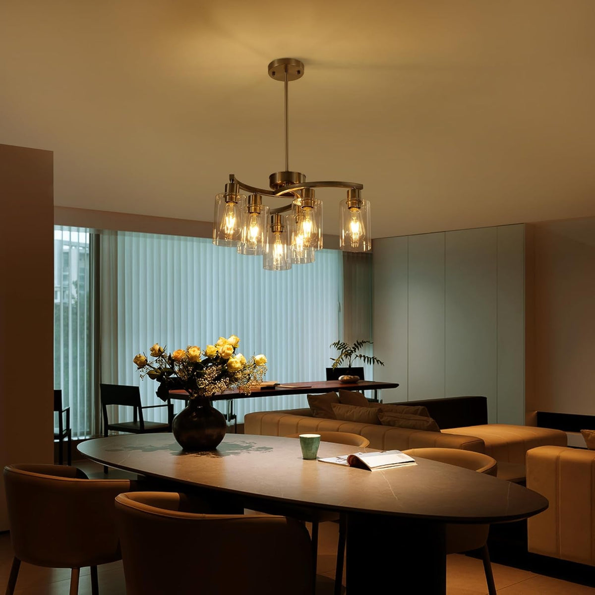 Six Light Brushed Nickel Industrial Glass Chandelier