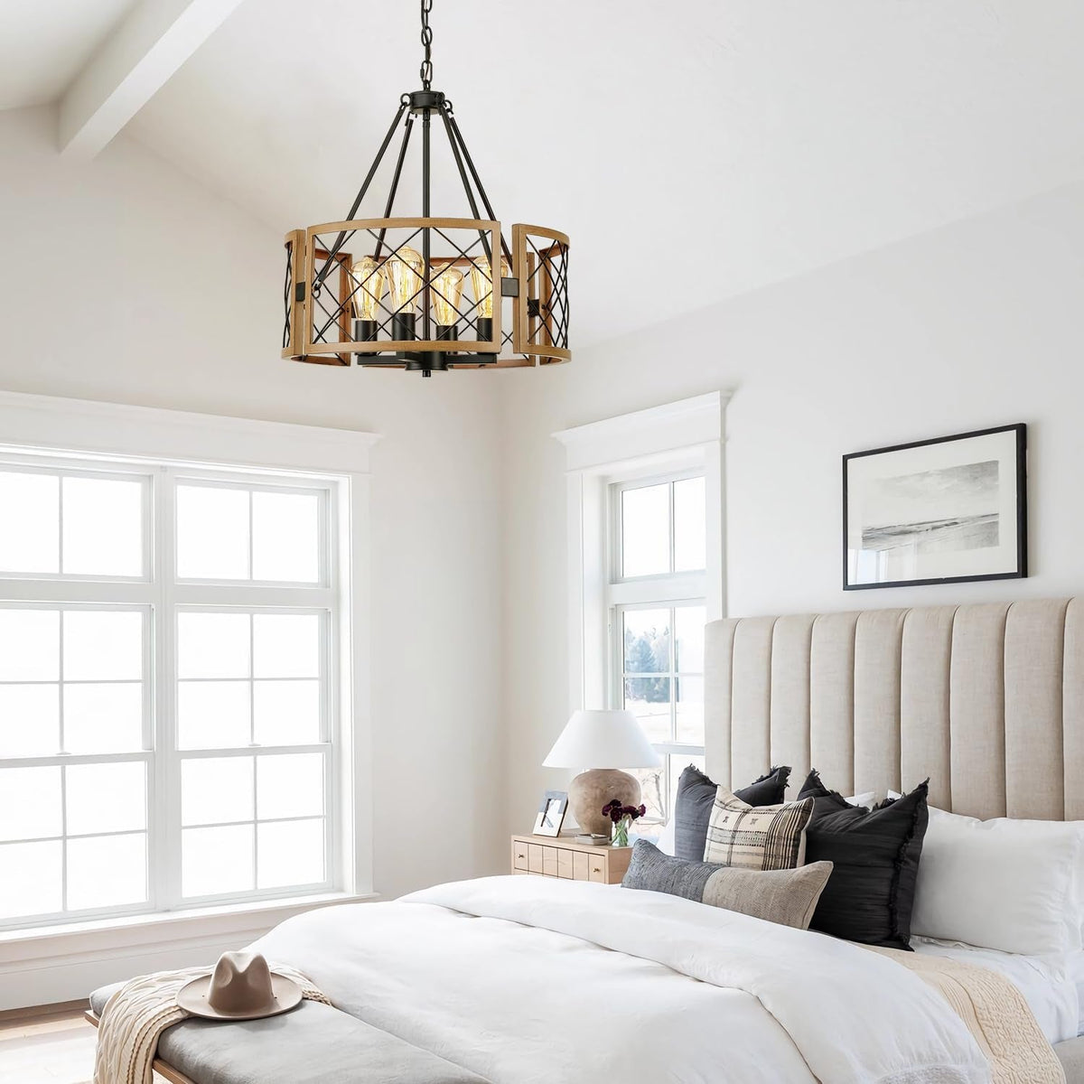 19 Inch Farmhouse Chandelier 4 Light Pendant Black Oak
