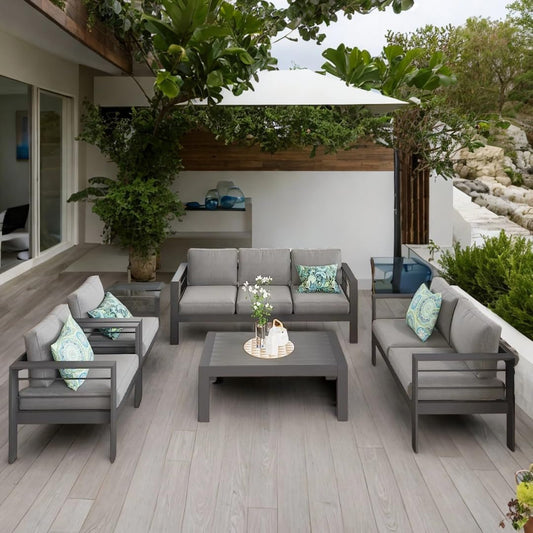 Aluminum Patio Furniture Set Seven Seat Outdoor Conversation Grey