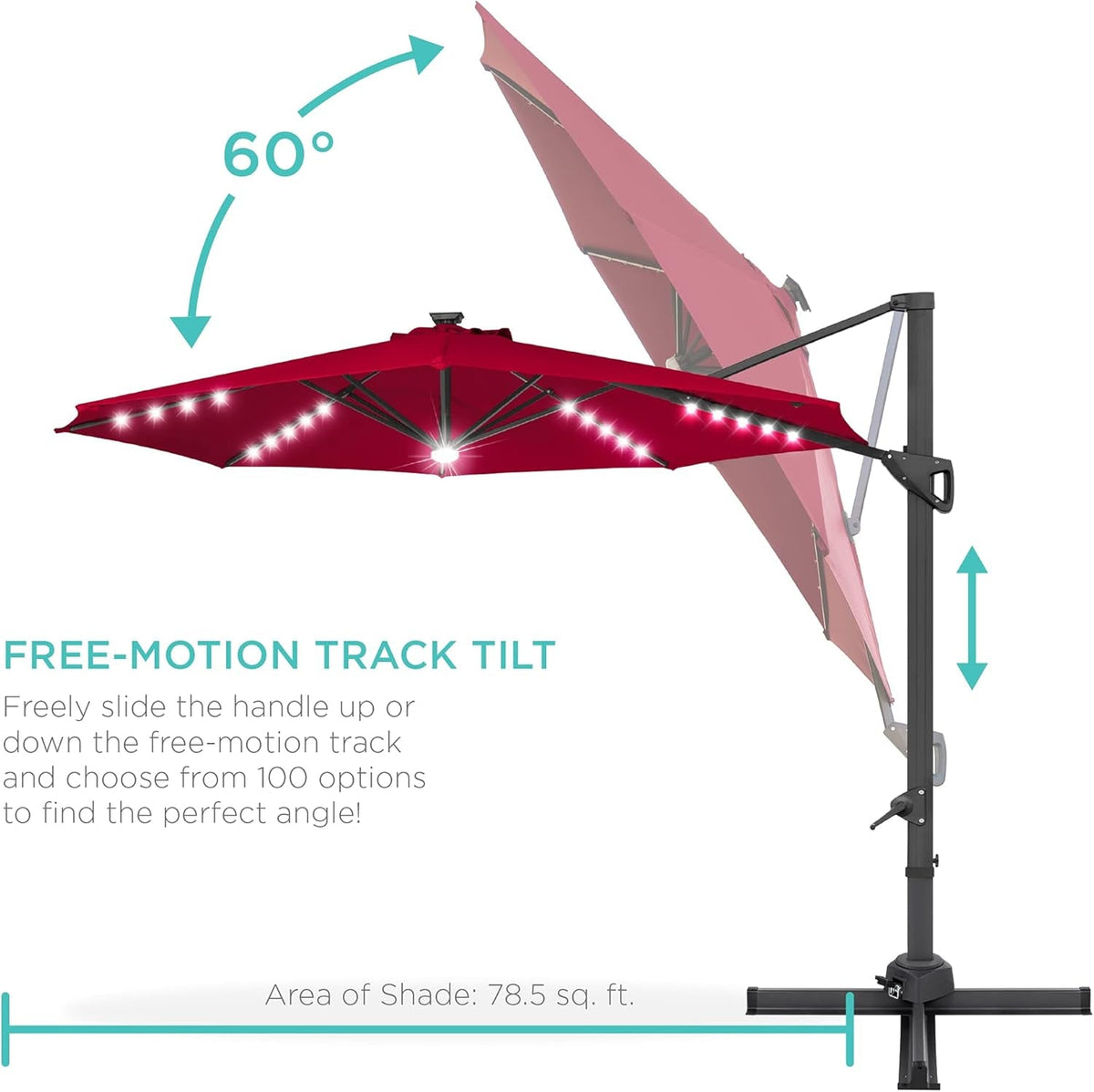 10ft Solar LED Cantilever Patio Umbrella With 360 Degree Rotation And