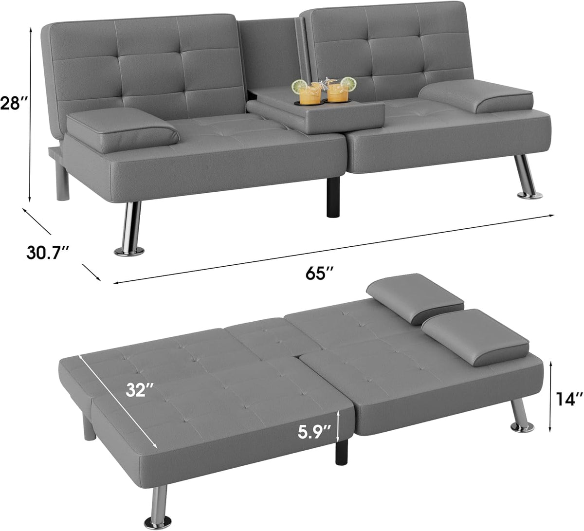 Grey Futon Sofa Bed With Adjustable Back And Cup Holders