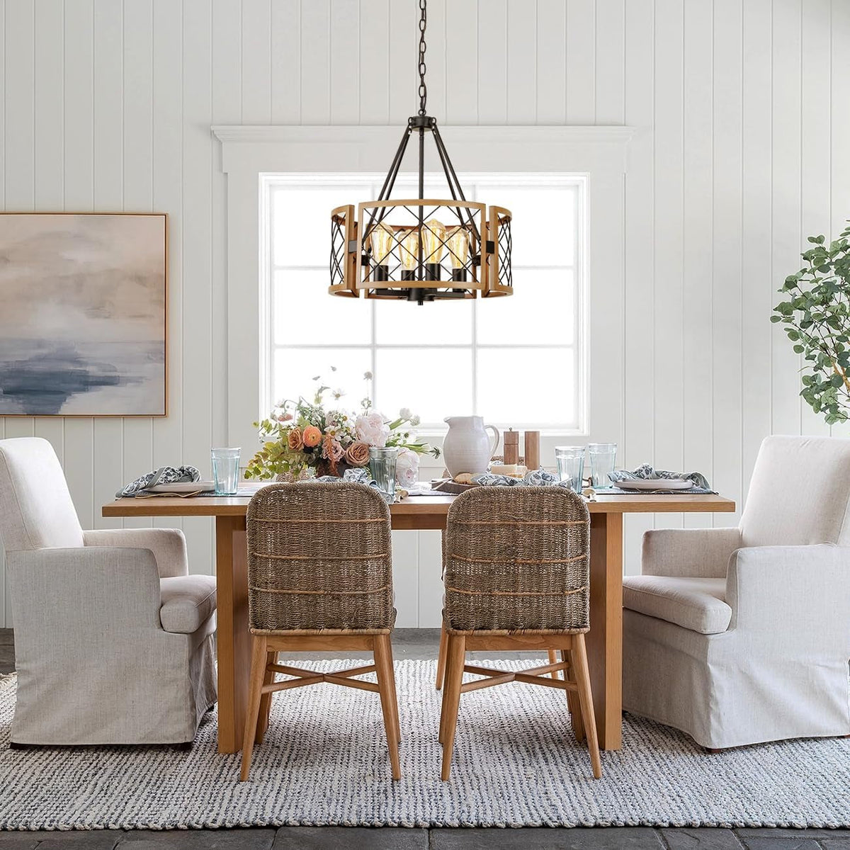 19 Inch Farmhouse Chandelier 4 Light Pendant Black Oak