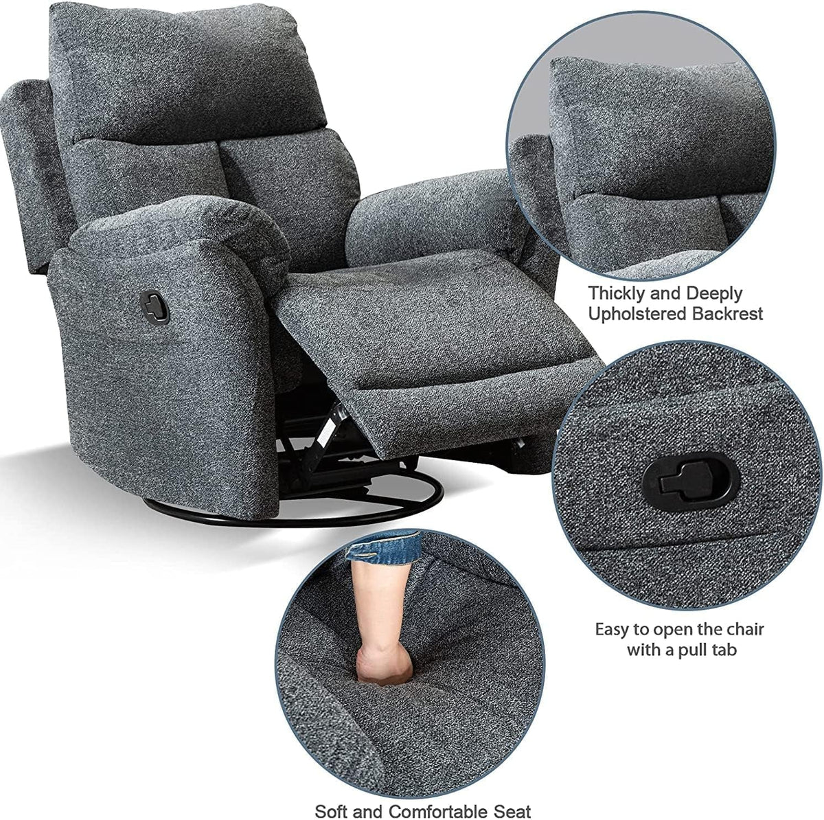 Swivel Rocker Recliner Chair Gray Fabric For Small Spaces