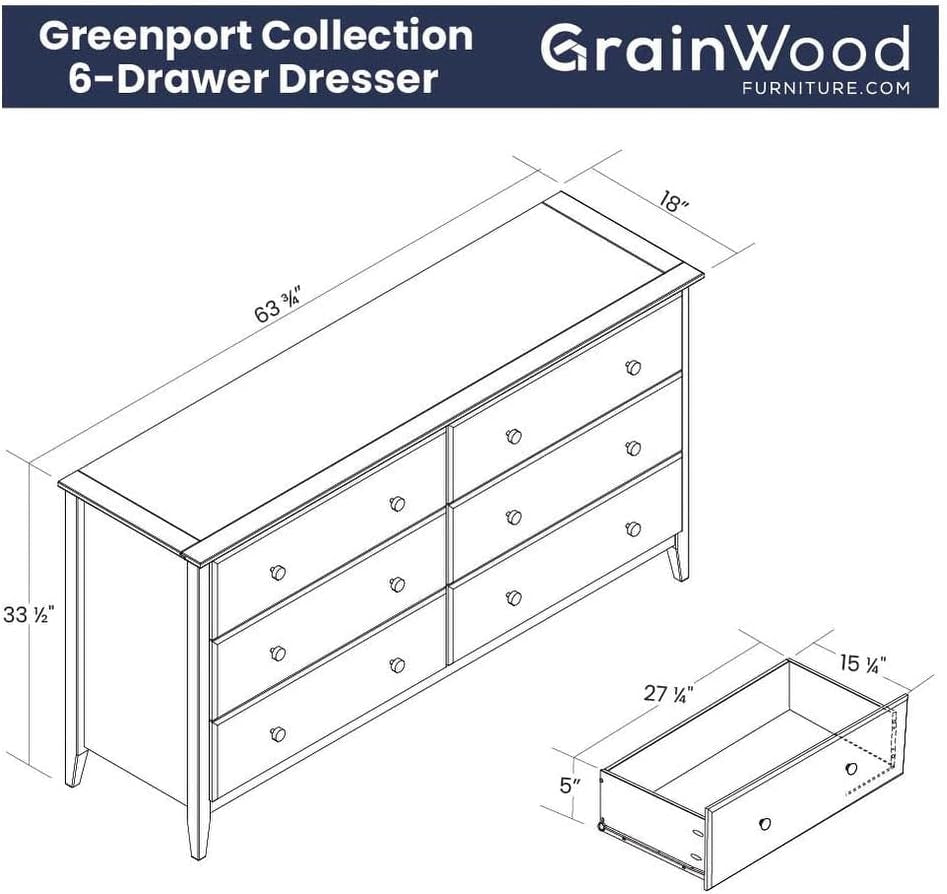 Greenport 6 Drawer Solid Wood Dresser Brushed White