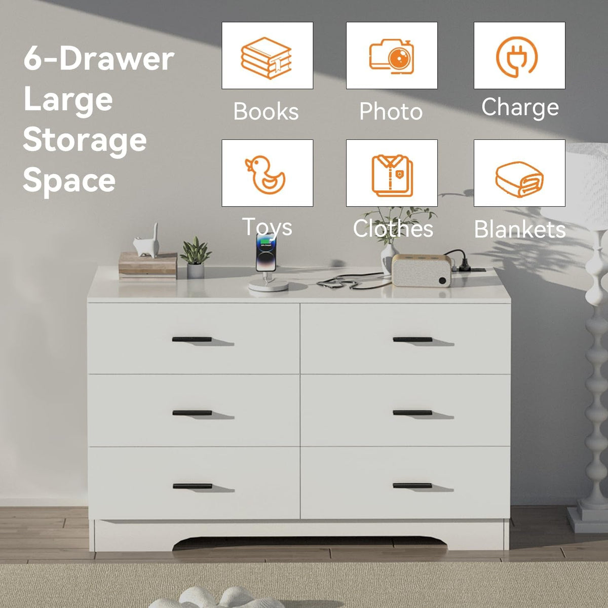 White 6 Drawer Dresser With Built In Charging Station