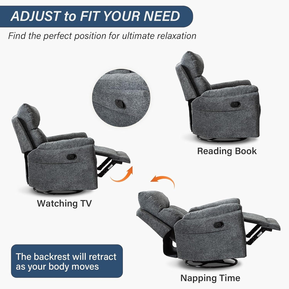 Swivel Rocker Recliner Chair Gray Fabric For Small Spaces