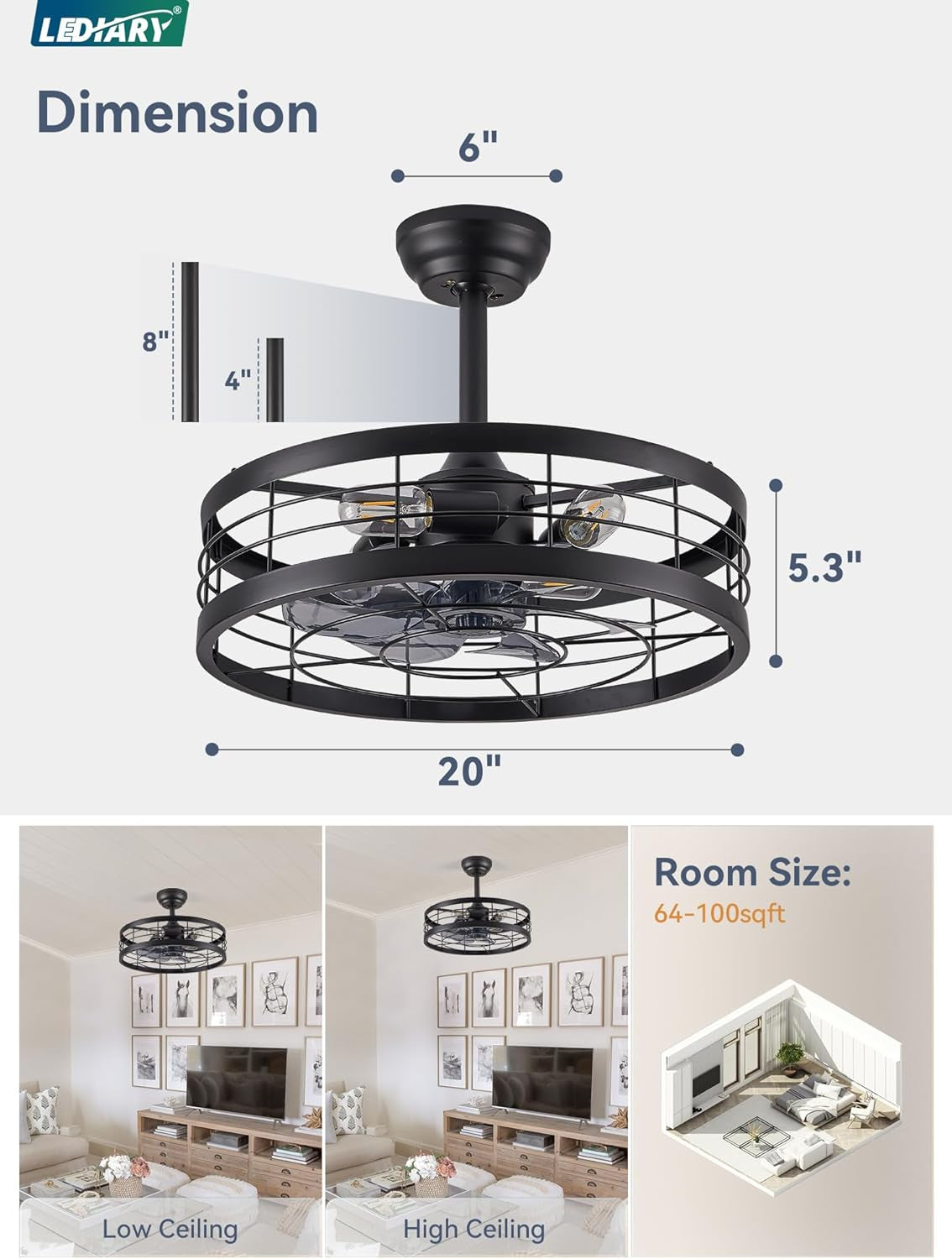 20 Inch Black Bladeless Fandelier Ceiling Fan With Light And Remote 6