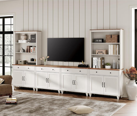 Farmhouse TV Stand For 75 Inch TV Off White 8 Doors