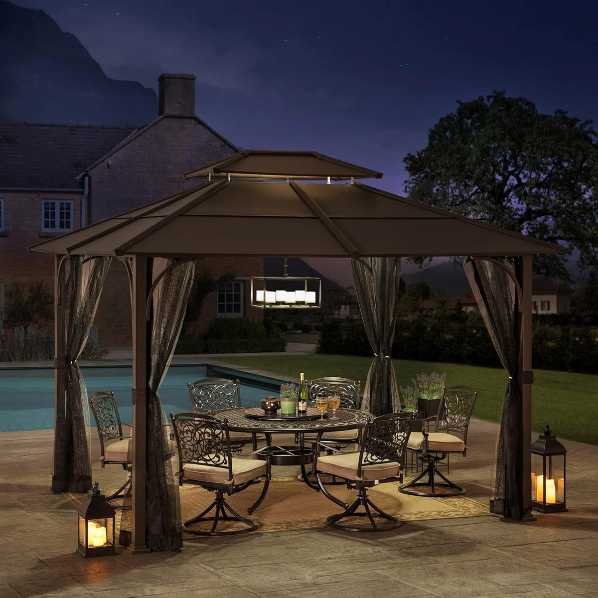10x12 Brown Hardtop Gazebo With Steel Frame And Netting For Outdoor