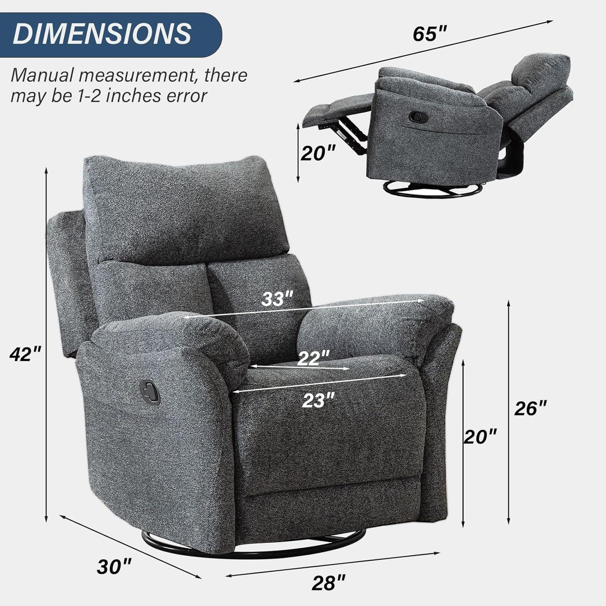 Swivel Rocker Recliner Chair Gray Fabric For Small Spaces