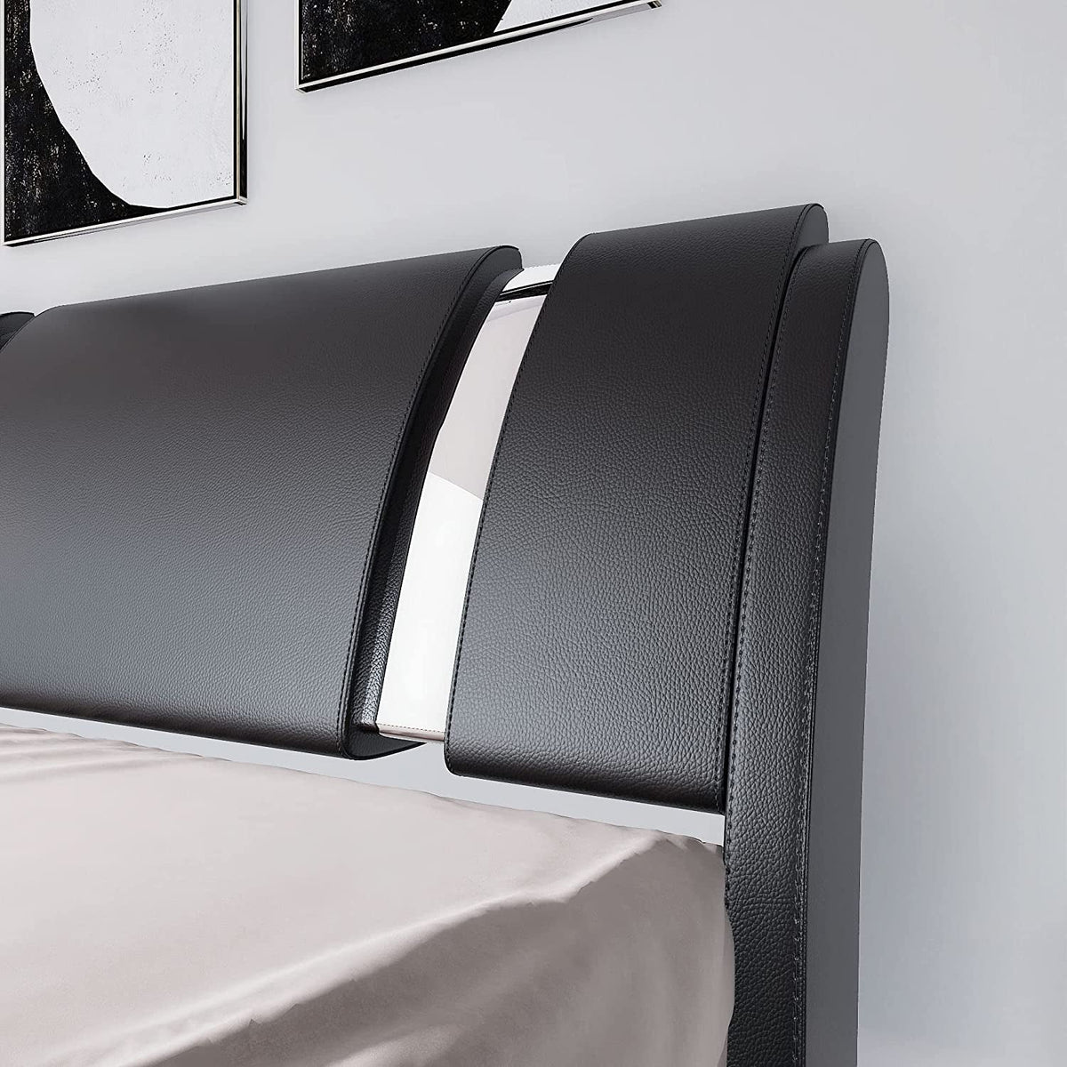Black King Faux Leather Platform Bed Adjustable Headboard