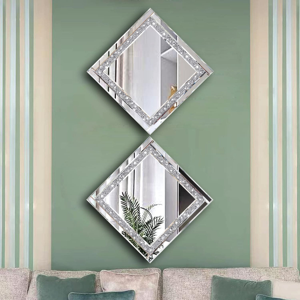 Crystal Crush Diamond Silver Mirror Set 12x12 Inch 2 Pieces