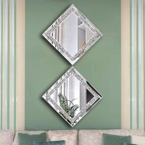 Crystal Crush Diamond Silver Mirror Set 12x12 Inch 2 Pieces