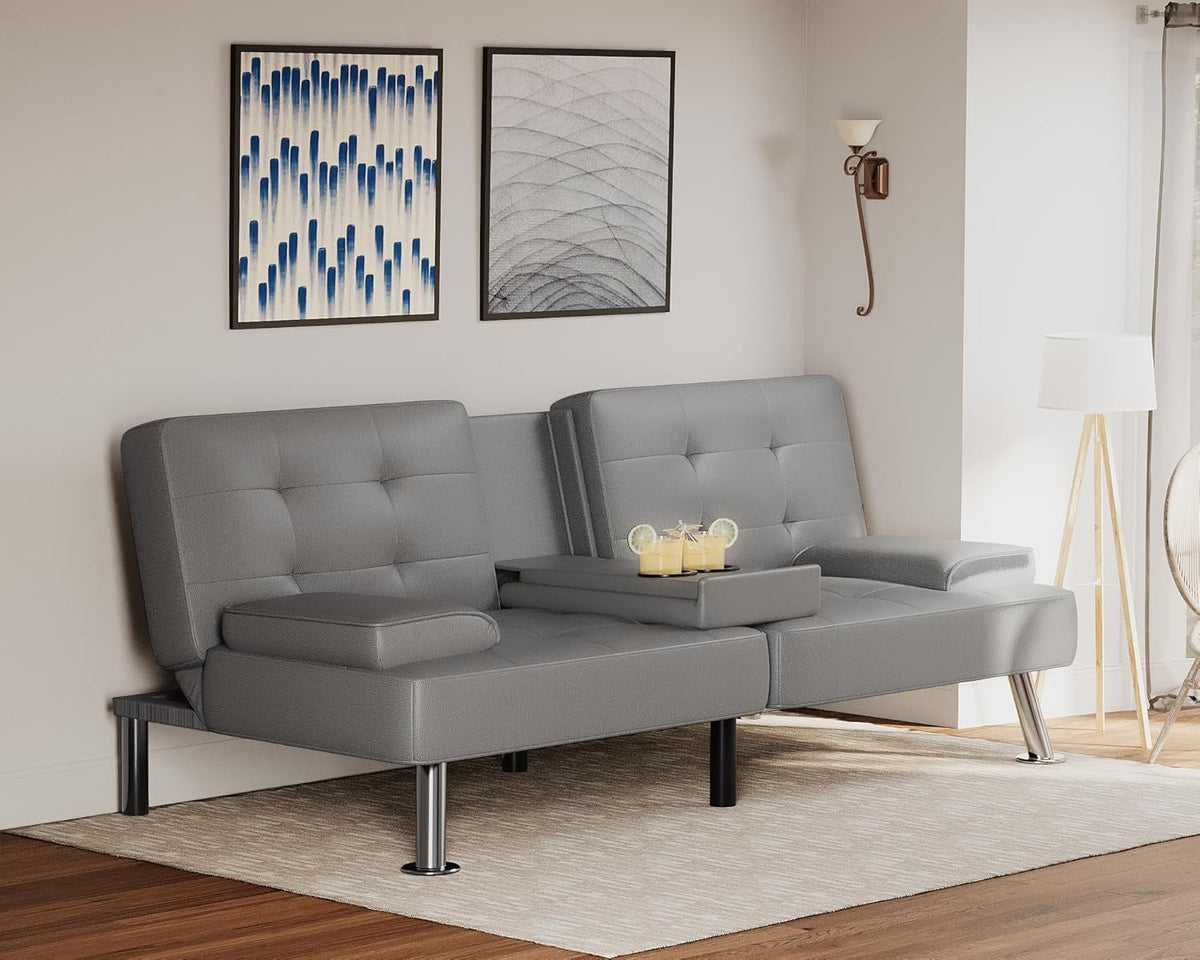 Grey Futon Sofa Bed With Adjustable Back And Cup Holders