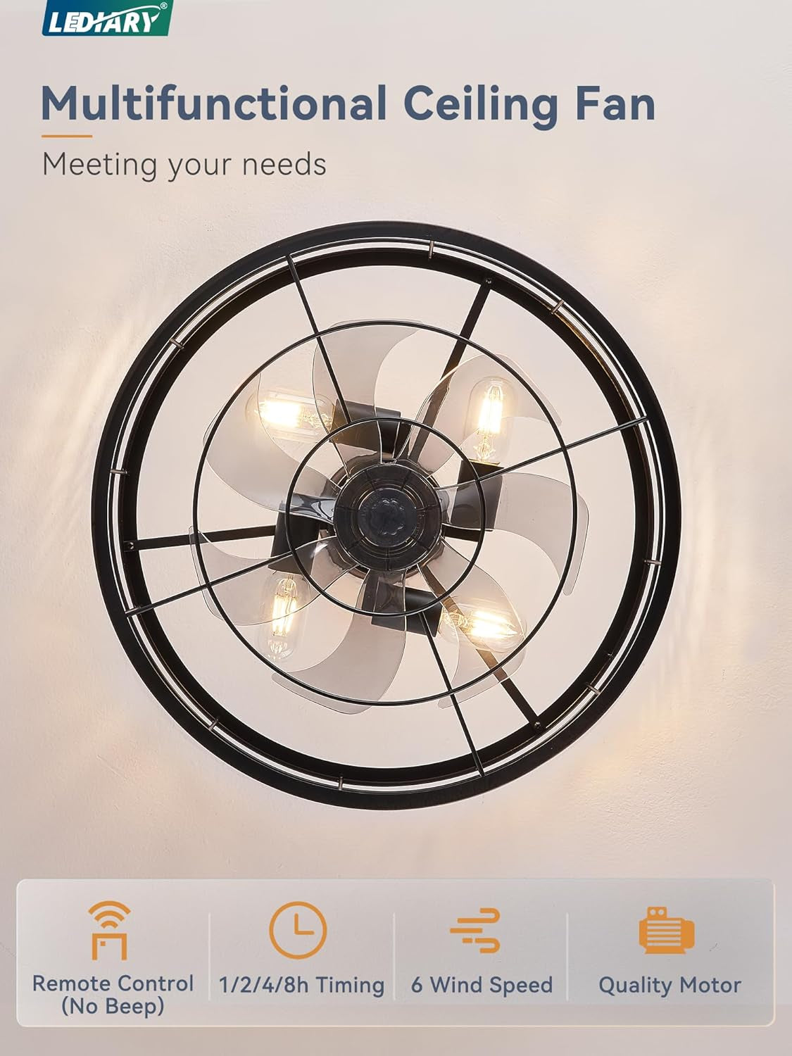 20 Inch Black Bladeless Fandelier Ceiling Fan With Light And Remote 6