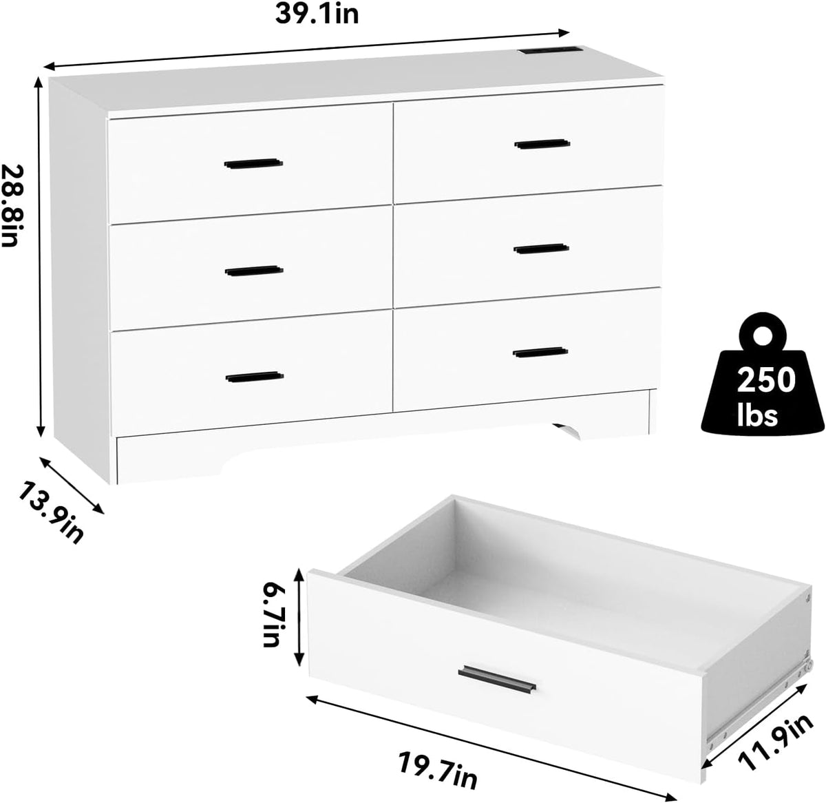 White 6 Drawer Dresser With Built In Charging Station