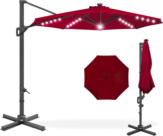 10ft Solar LED Cantilever Patio Umbrella With 360 Degree Rotation And