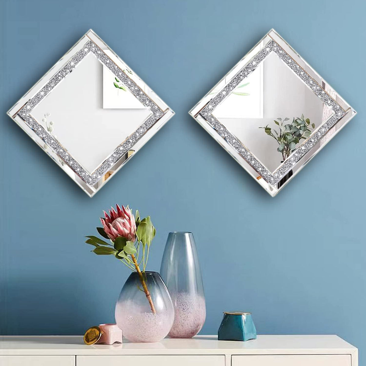 Crystal Crush Diamond Silver Mirror Set 12x12 Inch 2 Pieces