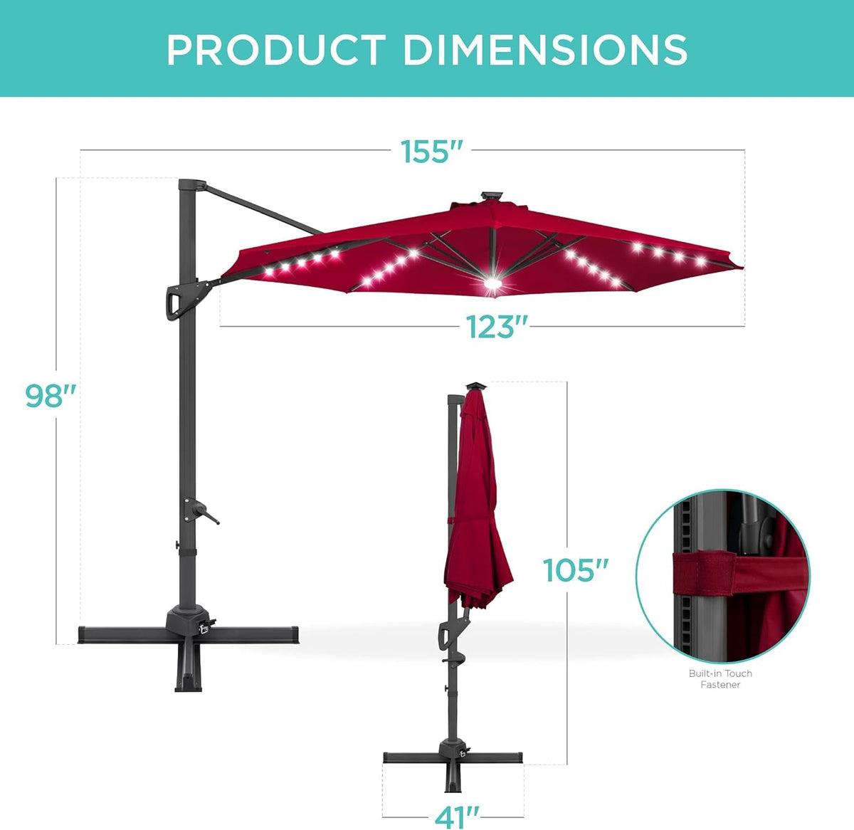 10ft Solar LED Cantilever Patio Umbrella With 360 Degree Rotation And