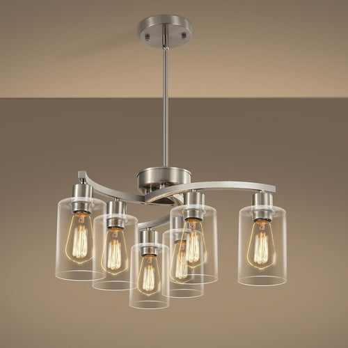 Six Light Brushed Nickel Industrial Glass Chandelier