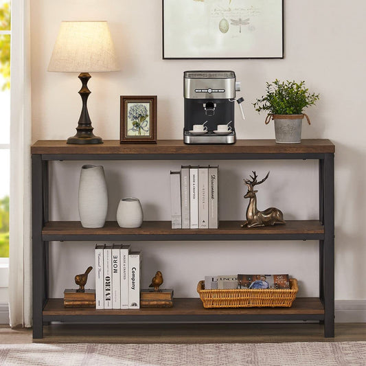 47 Inch Rustic Industrial Sofa Table With 3 Tier Shelves