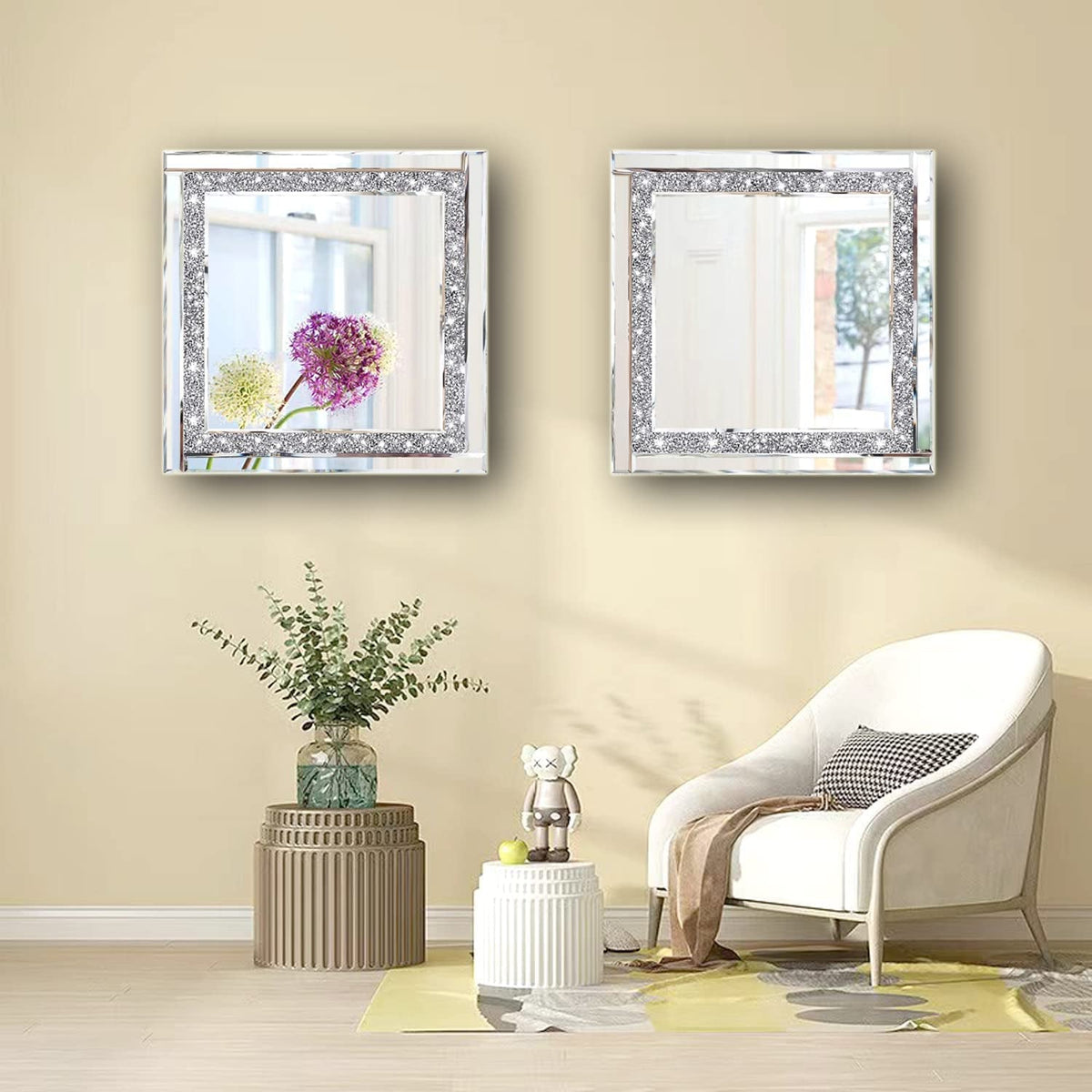 Crystal Crush Diamond Silver Mirror Set 12x12 Inch 2 Pieces