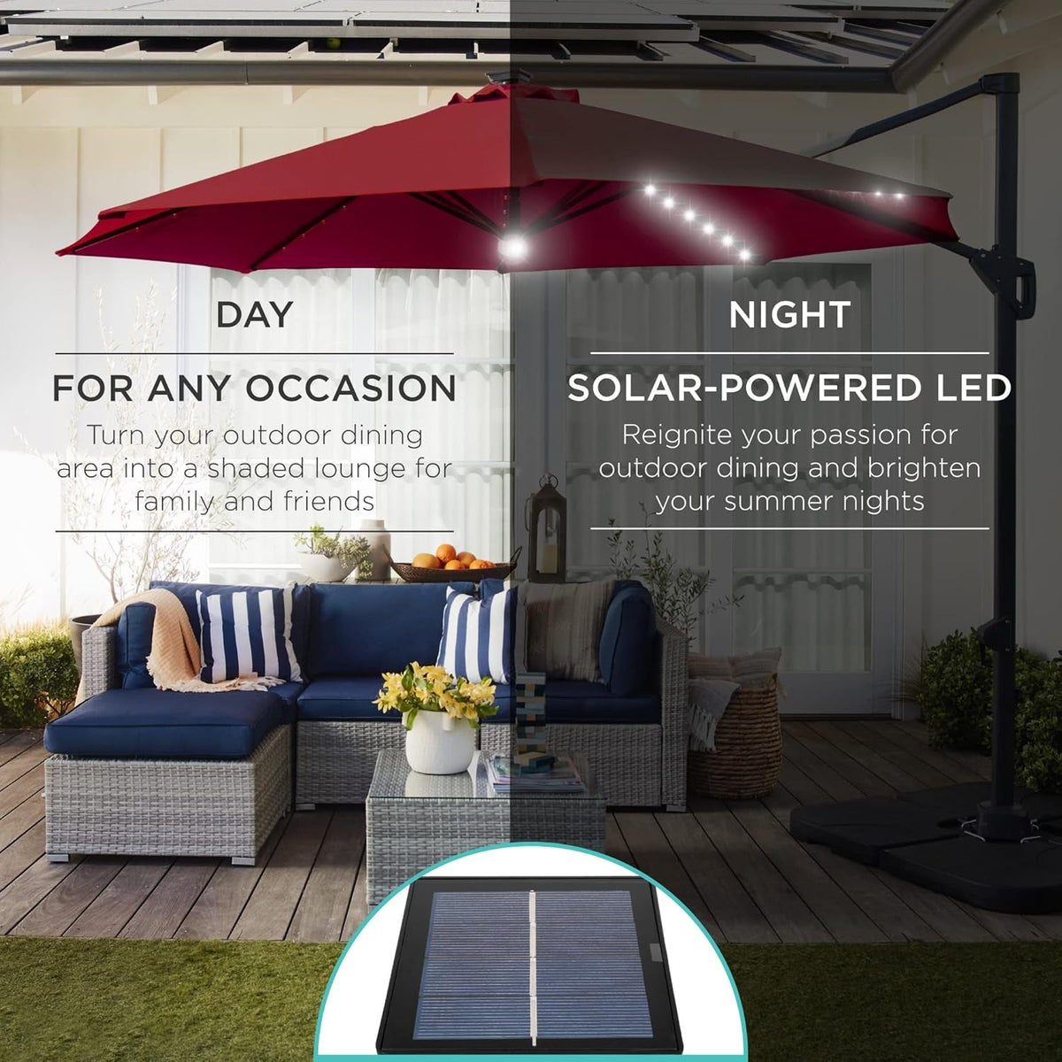 10ft Solar LED Cantilever Patio Umbrella With 360 Degree Rotation And