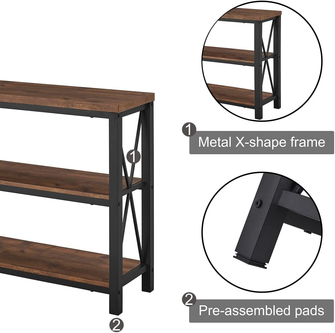 47 Inch Rustic Industrial Sofa Table With 3 Tier Shelves