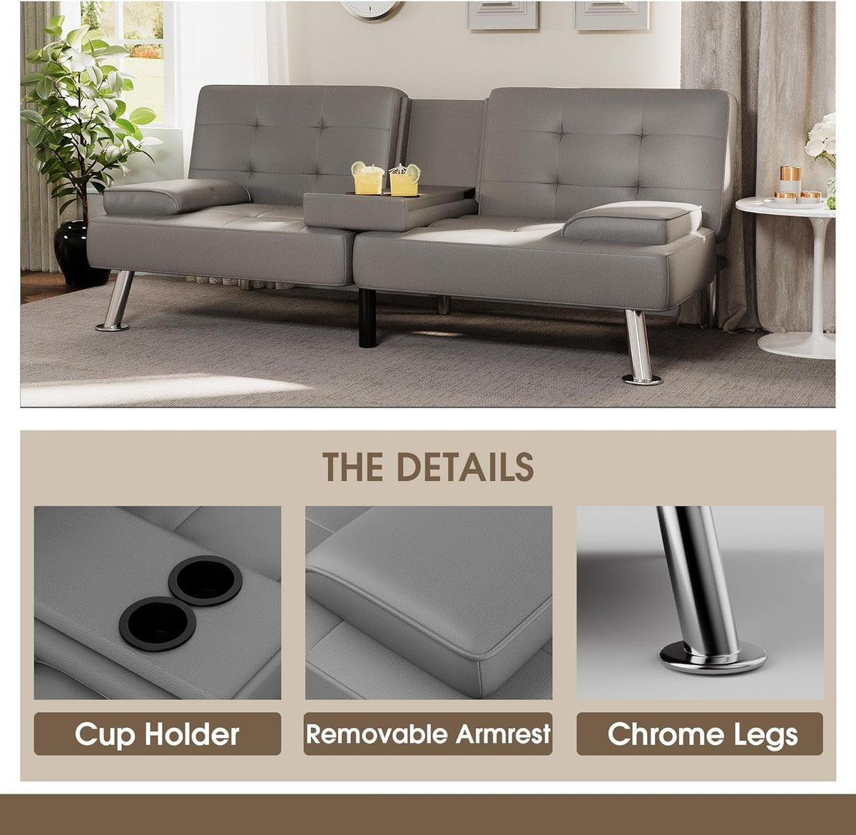 Grey Futon Sofa Bed With Adjustable Back And Cup Holders